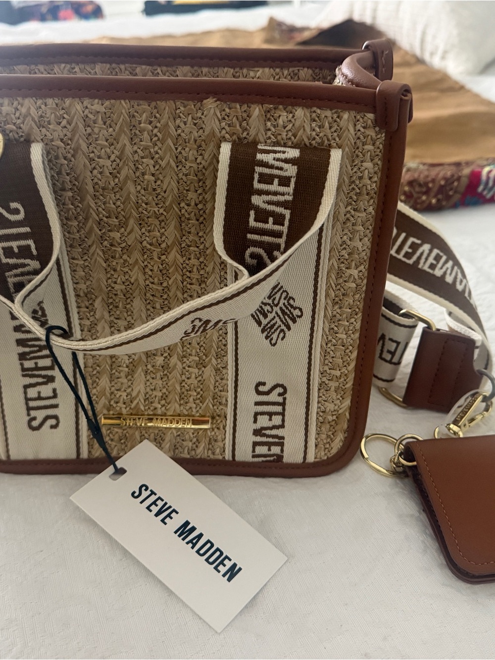 Steve Madden Tan & Cream Woven Messenger Bag with Branded Strap